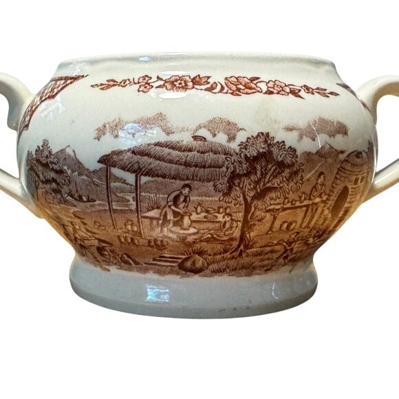 Alfred Meakin Fair Winds Pottery Sugar Bowl With Dual Handles & Scenic Pattern - Picture 2 of 10